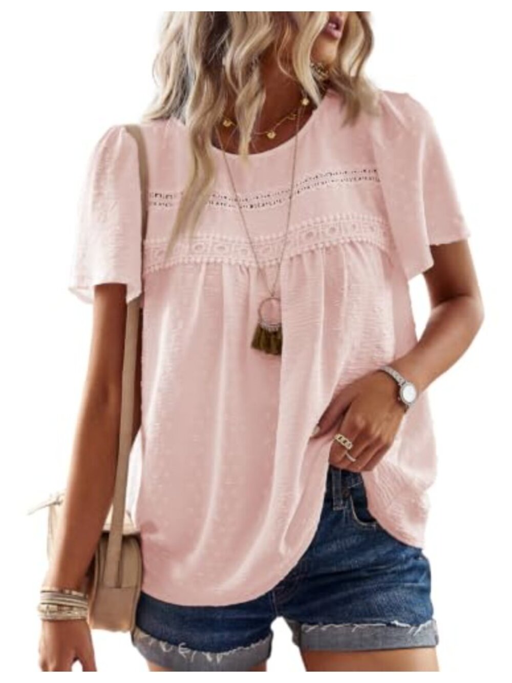 Womens Crochet Lace Boho Blouse Short Sleeve Loose Fit Tunic Top Casual